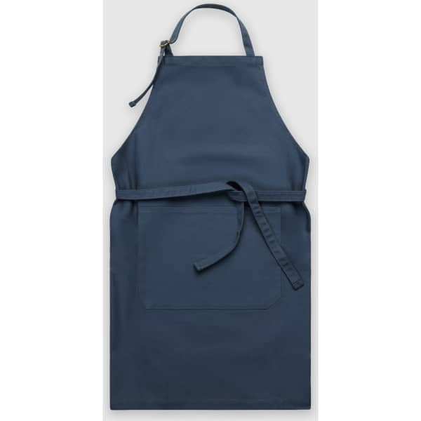A navy blue apron with a front pocket and a tie strap, featuring a logo at the neckline.