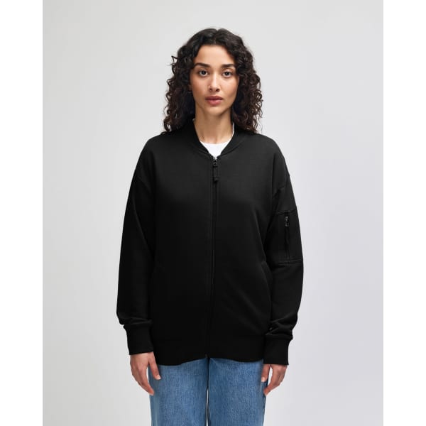 A black unisex bomber jacket made of French terry fabric, featuring a zip front and ribbed cuffs.