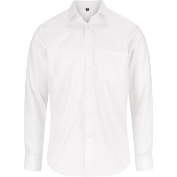 A white long-sleeve shirt with a pocket and a branded logo.