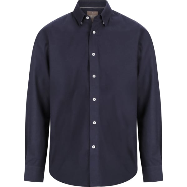 A navy button-up shirt with a collar and full sleeves, featuring a logo on the chest.