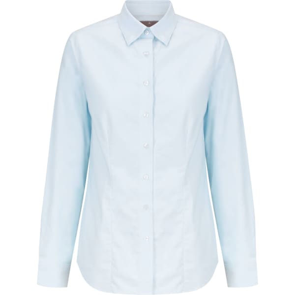 A light blue button-up shirt with long sleeves and a classic collar. It features a logo on the front.