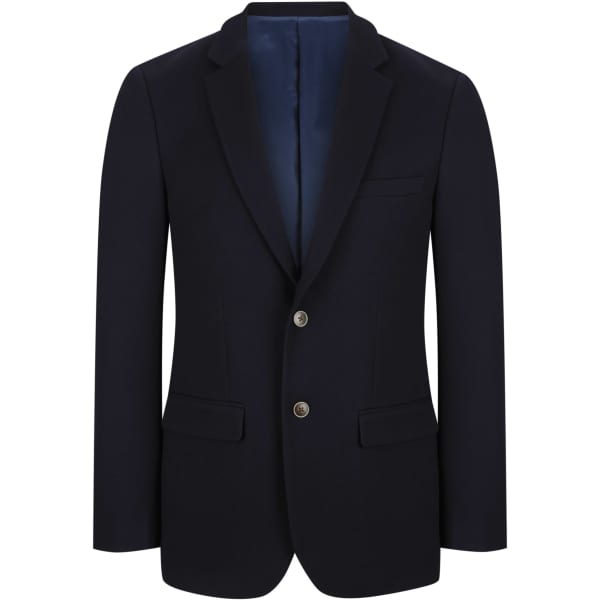A navy blue men's blazer featuring a single-breasted design, two front pockets, and a tailored fit.