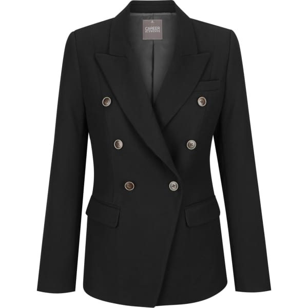 A black double-breasted women's blazer featuring a tailored fit and decorative buttons, with two front pockets.