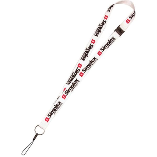 A white nylon webbing lanyard featuring a logo, with a metal clip and a loop at the end.