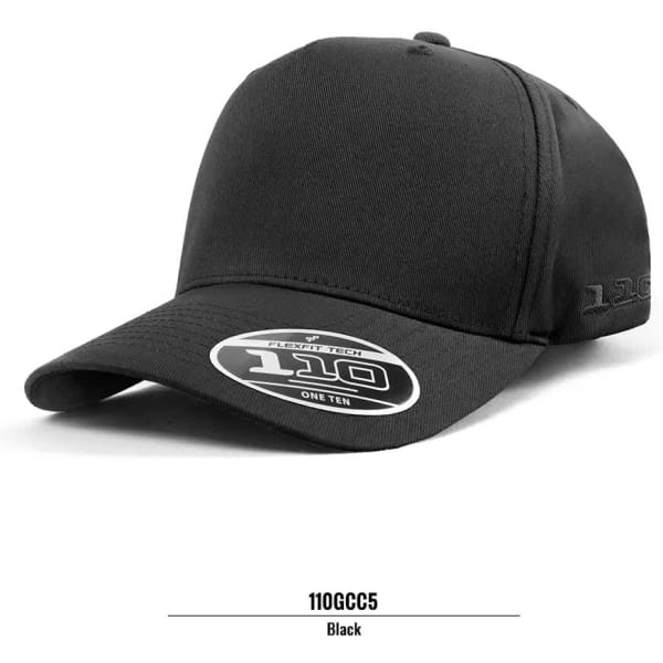 A fitted black cap featuring a curved brim and a logo on the side. Suitable for casual wear.