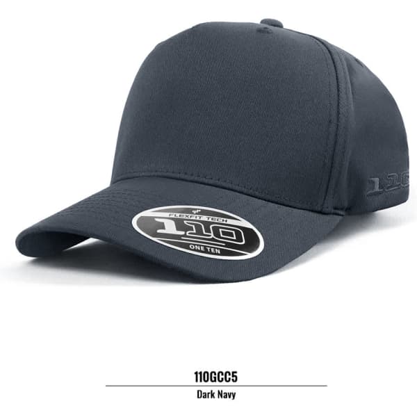 A dark navy cap with a curved brim, featuring a logo on the front and adjustable fit.
