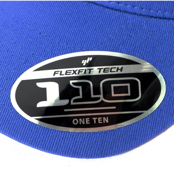 A blue cap featuring a Flexfit logo and a tag indicating the model "110".