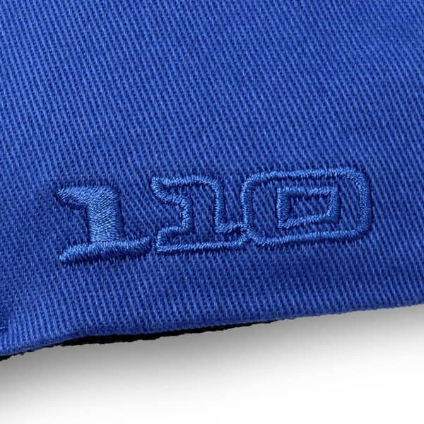 A blue cap featuring an embroidered design. The cap has a logo and a structured shape.