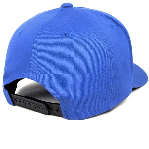 A blue cap with a curved brim and an adjustable back strap, featuring a logo on the side.
