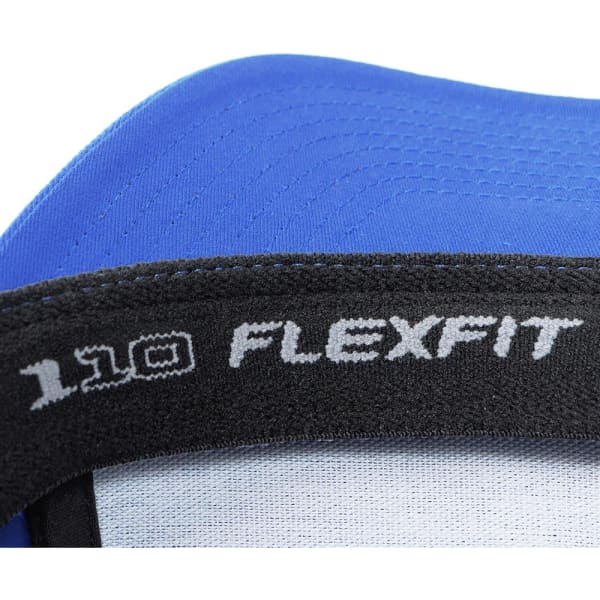A blue cap featuring a black inner band with the FLEXFIT 110 branding and stitching details.