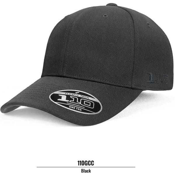 A black FLEXFIT 110 cap with a structured design and a logo on the front.