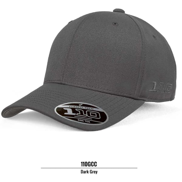 A dark grey cap with a structured front and a curved brim, featuring a branding logo.