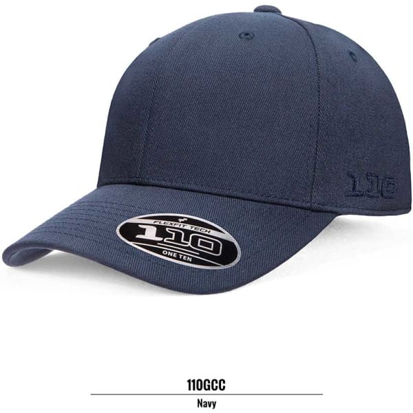 A navy cap with a curved brim, featuring a logo on the side and a branded label on the front.
