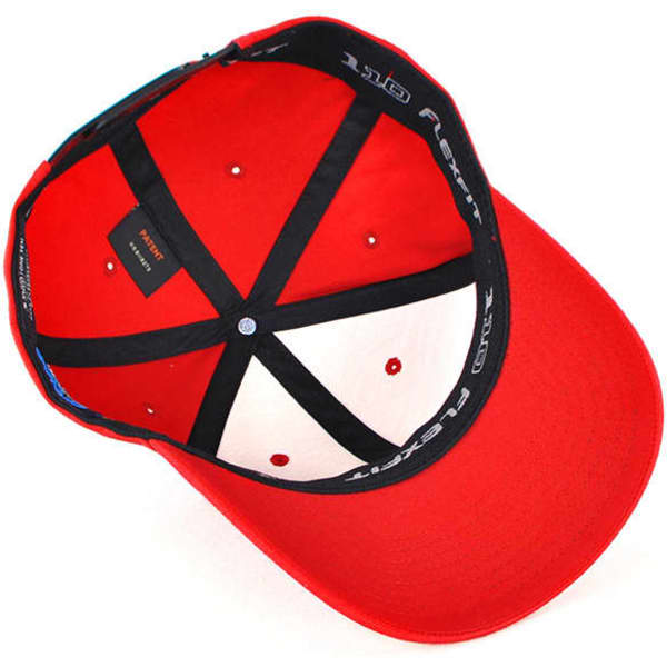 A red cap with a black interior and a logo, featuring ventilation holes and a structured design.
