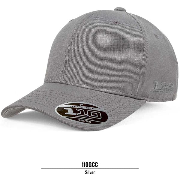A silver cap with a curved brim and a logo on the front. The cap features a fitted design.