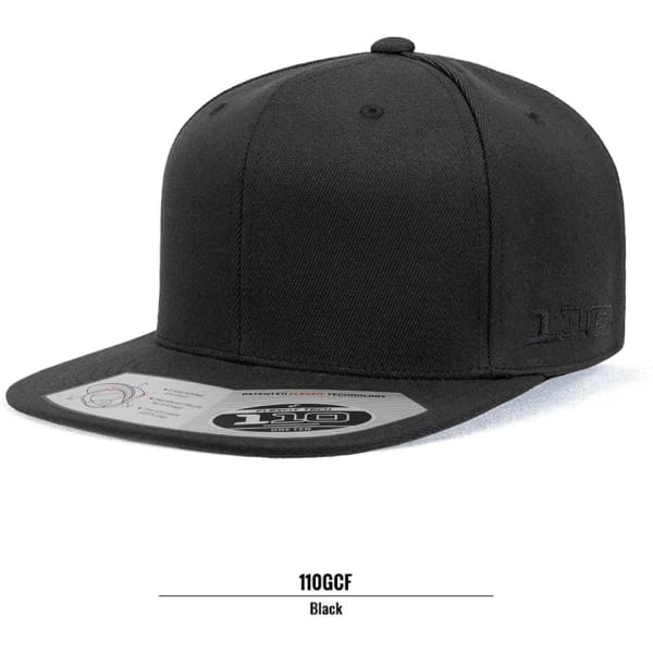 A black Flexfit 110 cap with a structured design and a flat brim, featuring a logo on the side.