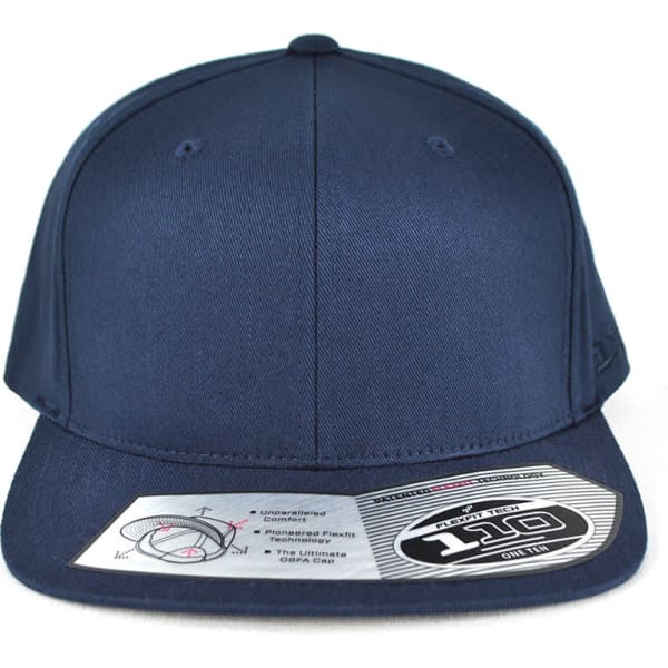 A navy blue cap with a flat brim, featuring a branded tag on the underside.