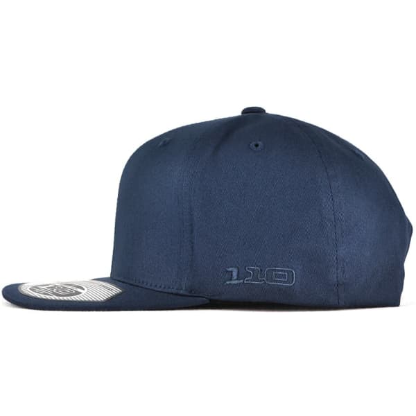 A navy blue cap with a flat brim, featuring a branded logo and a textured underside.