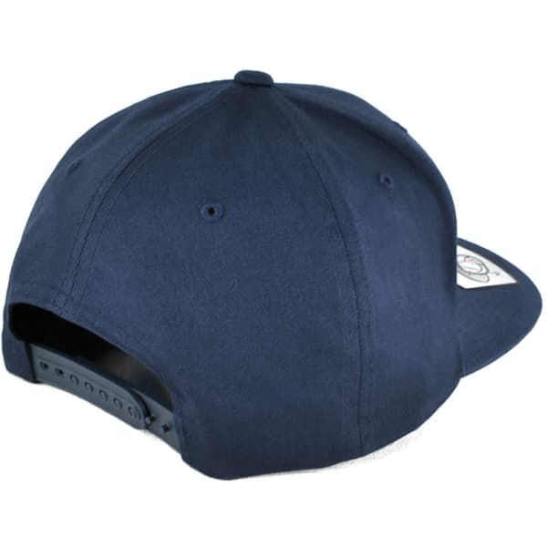 A navy blue cap featuring a back strap and a logo on the side.