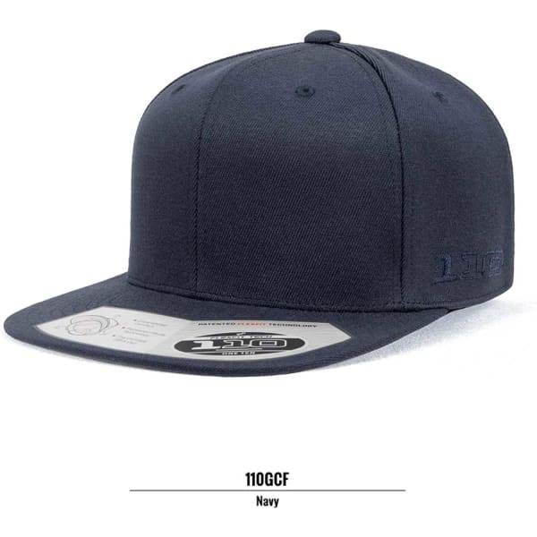 A navy cap with a flat peak and an adjustable back, featuring a logo on the side.