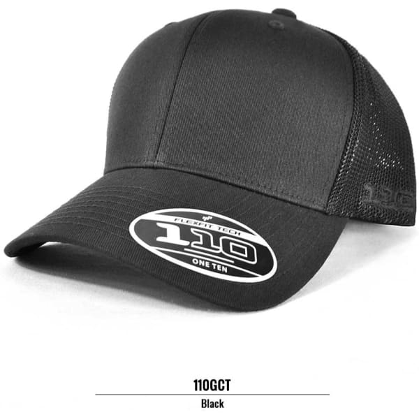 A black trucker cap featuring a solid front and mesh back, with a branded logo on the front.