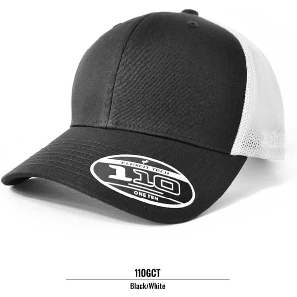 A black and white trucker cap with a mesh back and a logo.