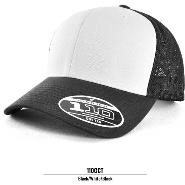 A trucker cap featuring a black front panel, white top, and black mesh back, with a logo on the side.