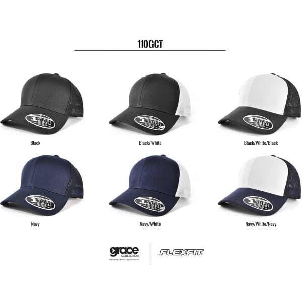 A collection of FLEXFIT 110 trucker caps in black, black/white, navy, and navy/white, each with a logo.