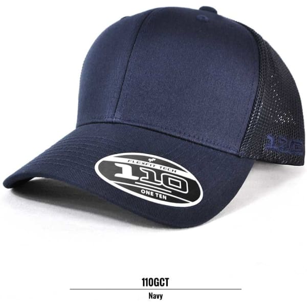 Navy trucker cap featuring a mesh back and a branded patch on the front.