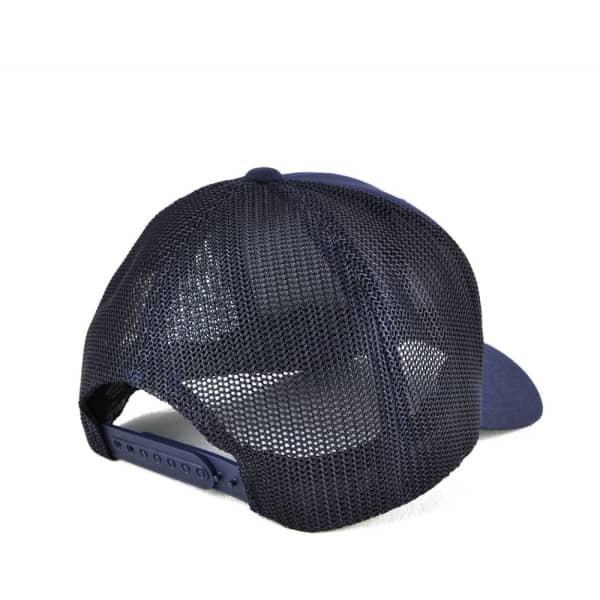 A navy trucker cap with a mesh back and an adjustable strap, featuring a logo on the front.