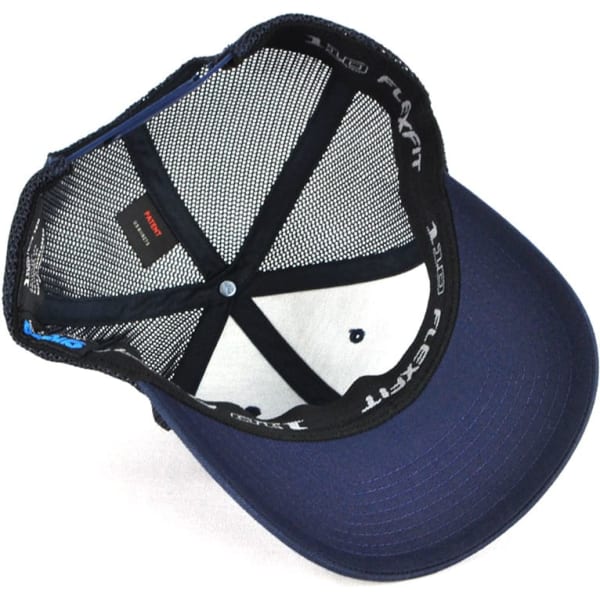 A navy blue trucker cap featuring a mesh lining and an interior logo. The underside of the visor is white.