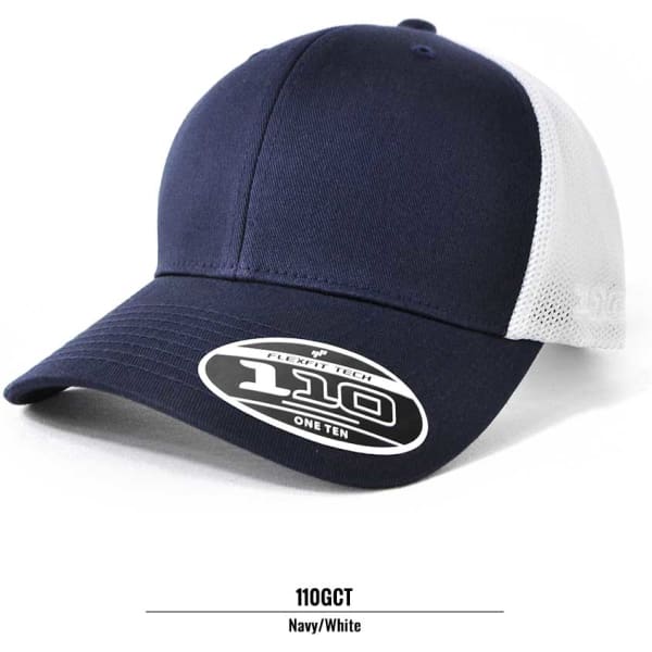 A navy and white trucker cap featuring a mesh back and a branded logo.