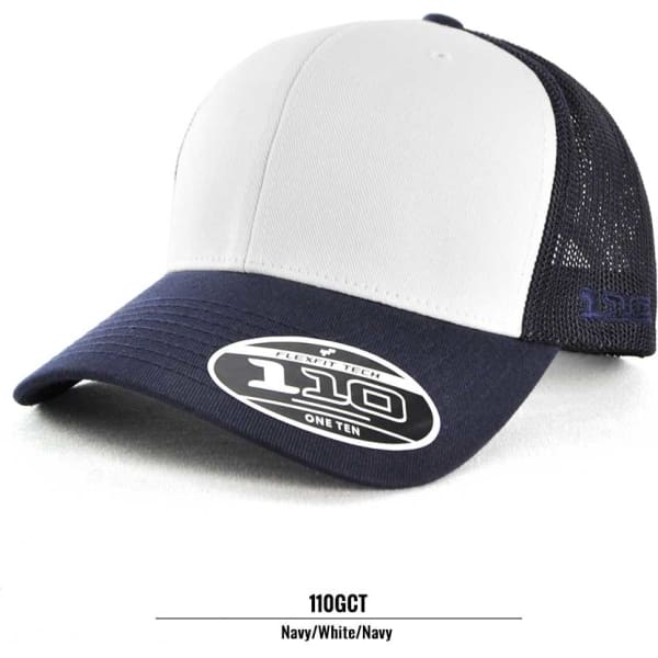 A navy and white trucker cap with mesh detailing and a branded logo on the front.