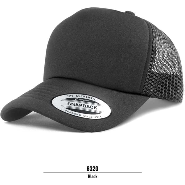 A black trucker cap with a mesh back and a branded patch on the front.