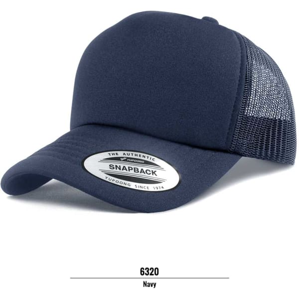 A navy trucker cap with a mesh back and a logo tag on the front.