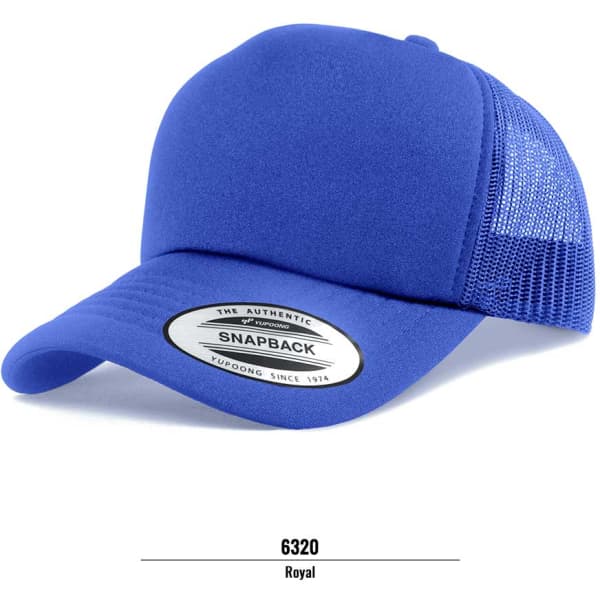 A royal blue trucker cap with a mesh back and a logo on the front.