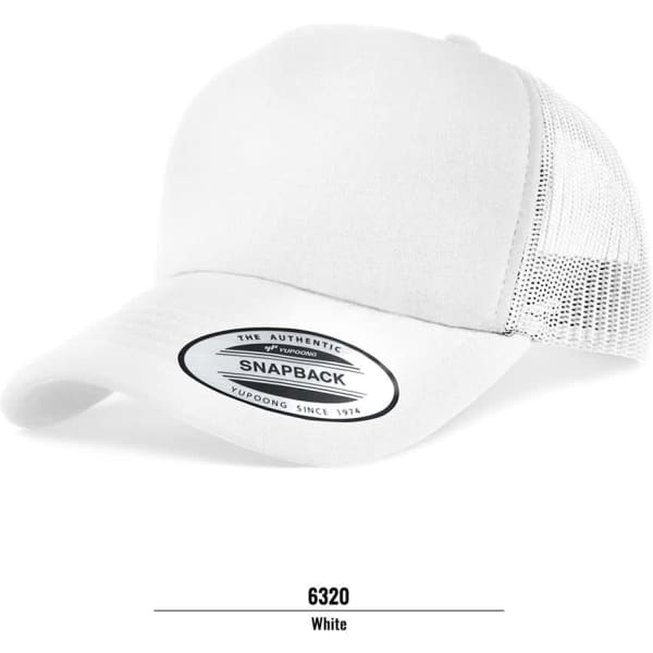 A white trucker cap with a mesh back and a logo on the front.