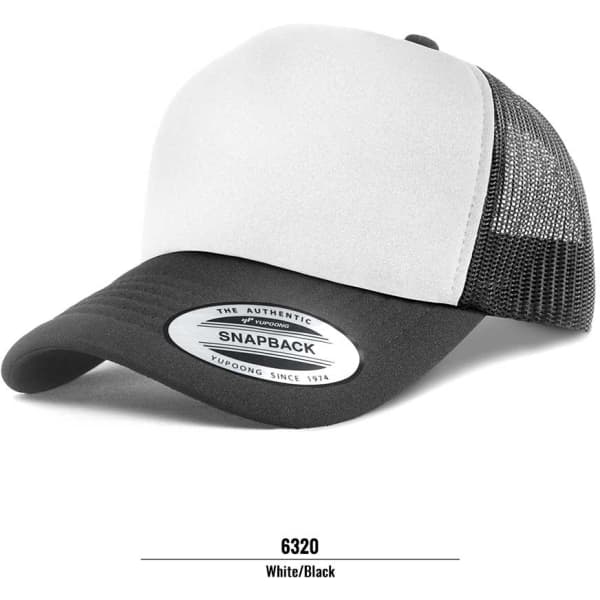 A trucker cap in white and black with a mesh back and a logo on the front.