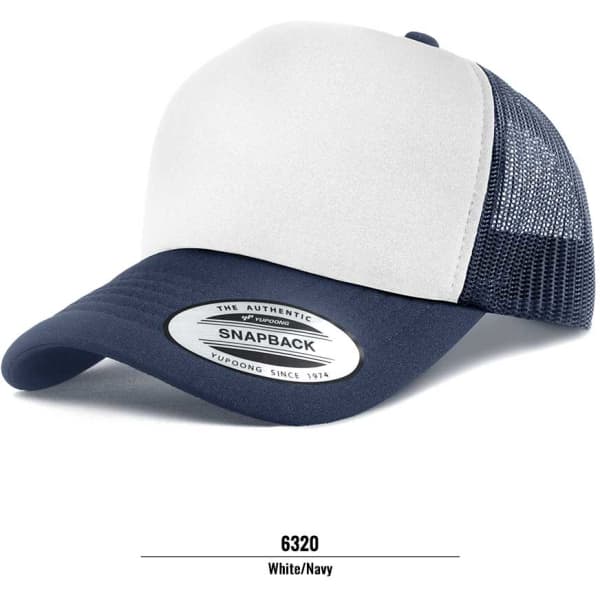 A white and navy trucker cap with a mesh back and a branding logo on the front.