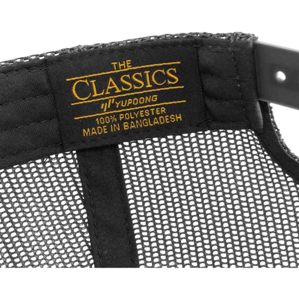 A black trucker cap with a mesh back and a branded tag, made from 100% polyester.