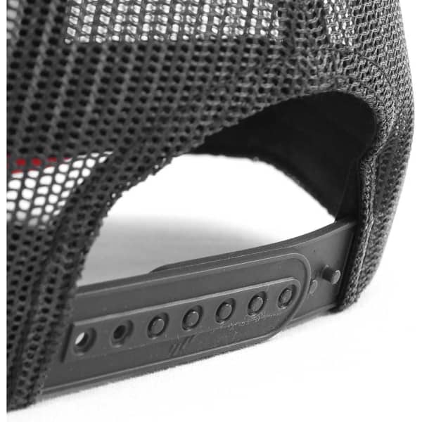 A black trucker cap featuring a mesh back and an adjustable snap strap at the rear. The cap has a logo.