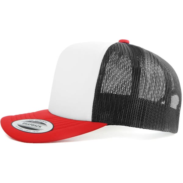 A red and white trucker cap with a black mesh back and a branded patch on the front.