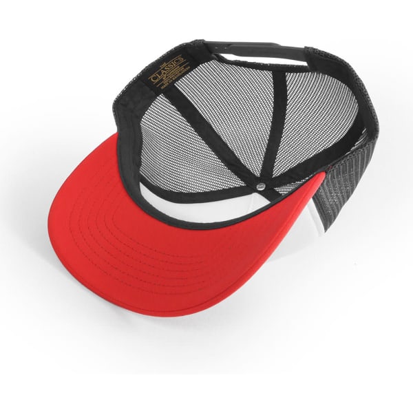 A trucker cap featuring a red front and black mesh back, with an adjustable snap closure and a logo.