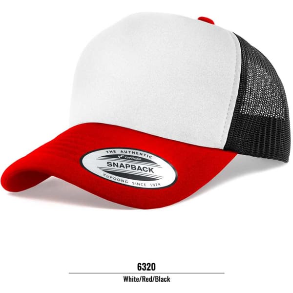 A trucker cap in white, red, and black with a mesh back and a branded logo.