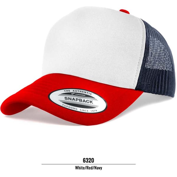 A trucker cap in white, red, and navy, featuring a mesh back and a branded logo.