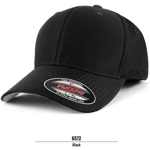 A black caps featuring a structured design and a logo on the front. 