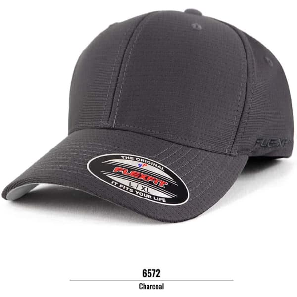 A charcoal grey cap with a curved brim and a logo on the side, featuring a fitted design.