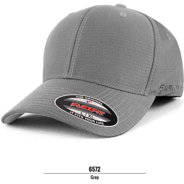 A grey cap from the FLEXFIT range featuring a logo and a structured design.