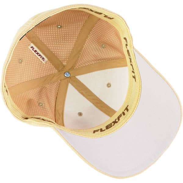 A yellow FLEXFIT cap viewed from above, featuring a ventilated interior and a contrasting white brim.