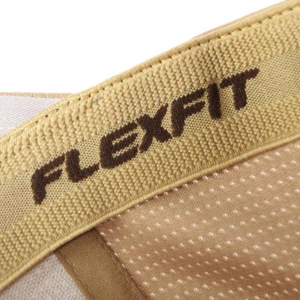 A close-up of a beige fabric cap featuring a textured interior and a branded band with "FLEXFIT".
